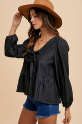Trendy Tie Front Peplum Denim Top - Long Sleeve Fashion Blouse